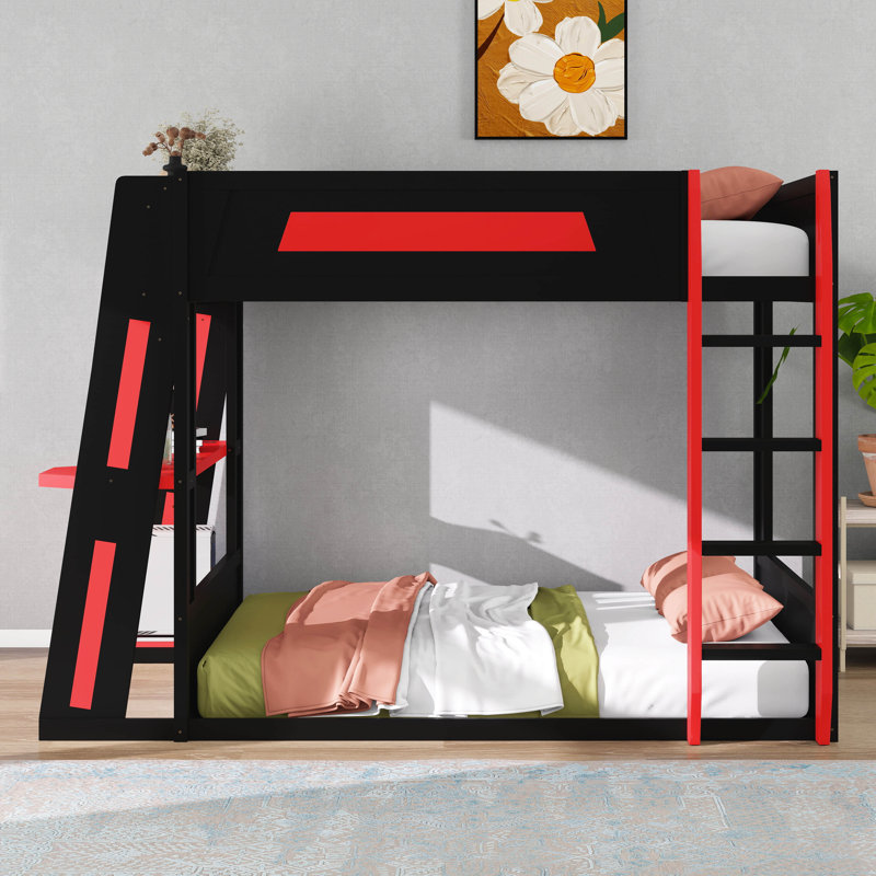 Lit superposé en bois avec bureau, deux tablettes de rangement, USB et lumière DEL, Noir / Rouge