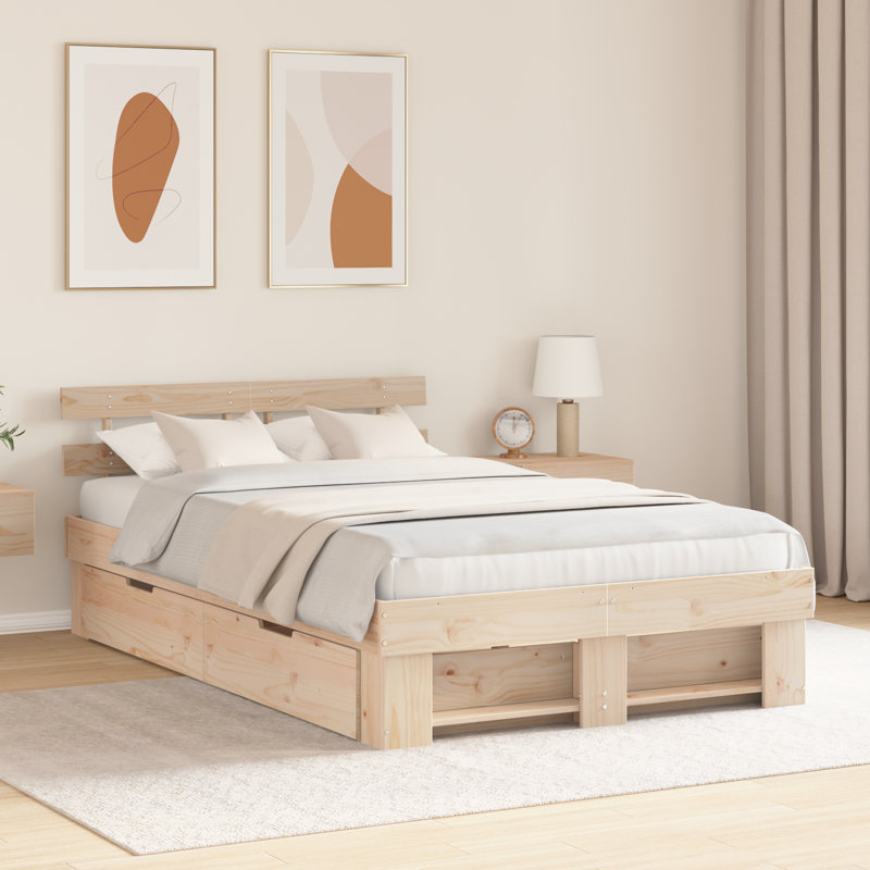 Bed Frame with Headboard Solid Pine Wood, Natural, 130cm x 190cm