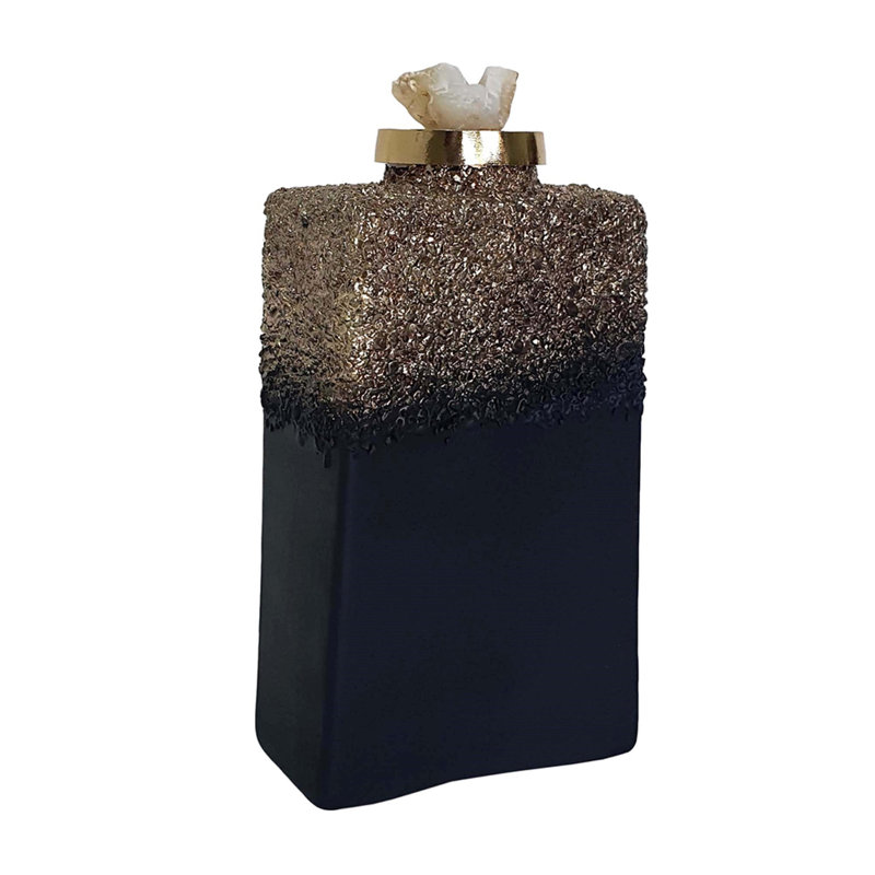 Sean Bottle With Zeolite Stone Lid, Black-Gray Glass, Gold Aluminum 12 Inch