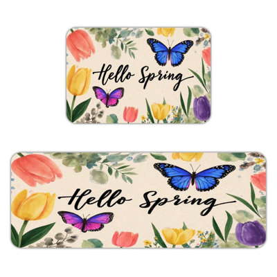 Hello Spring Tulip Butterfly, Kitchen Mats Set Of 2