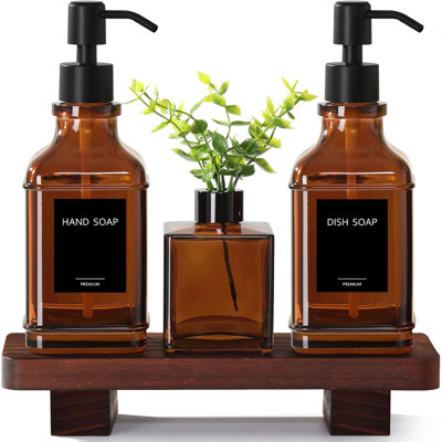 Ensemble de distributeur de savon de cuisine moderne avec plateau en bois, distributeurs de savon en verre ambré avec pompe