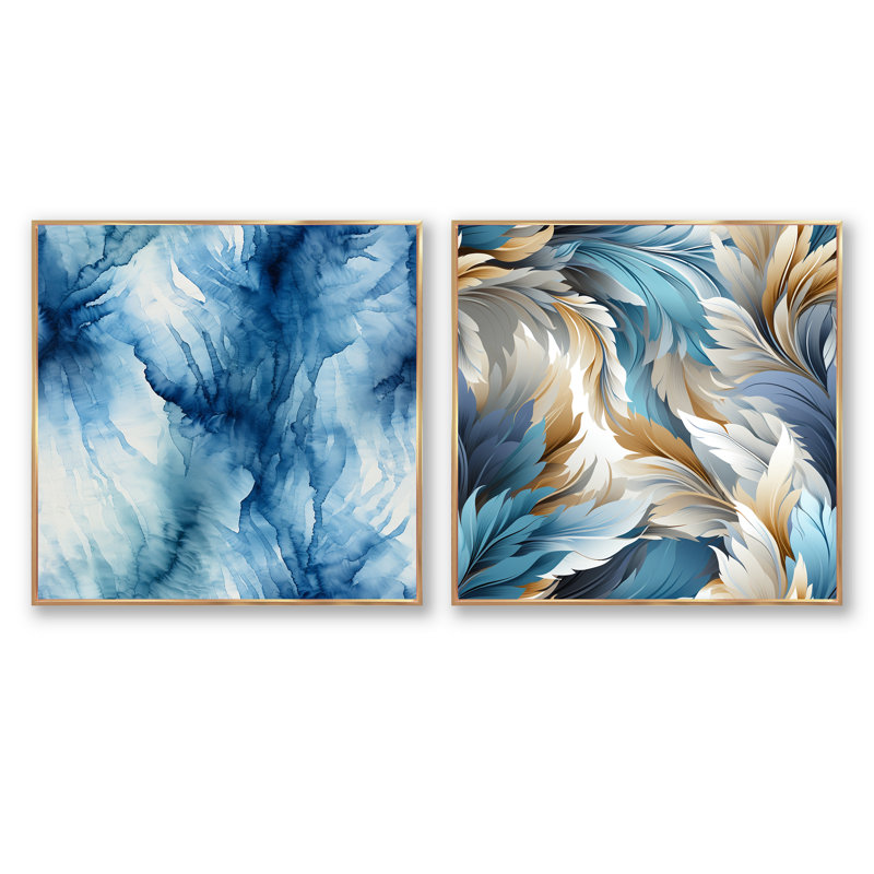 Encre de marbre bleue et blanche Shibori II - ensemble de 2 collages carrés abstraits, Cadre flottant doré, H 30 po x l 61 po