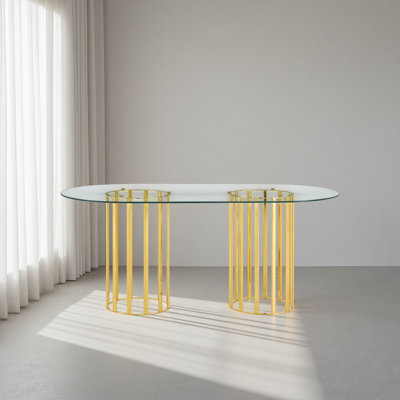 Table de salle à manger ovale en verre trempé de 71 pouces de style luxueux à double colonne, en verre trempé résistant aux égratignures et facile à nettoyer. Convient pour une salle à manger de luxe moderne pour 6 à 8 personnes