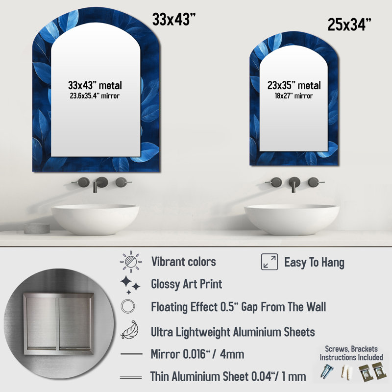 Navy Leaves Echoes Of The Forest Floor I - Leaves Arch Decorative Wall Mirror, Blue Asymmetrical Large Mirror, Printed Metal Art