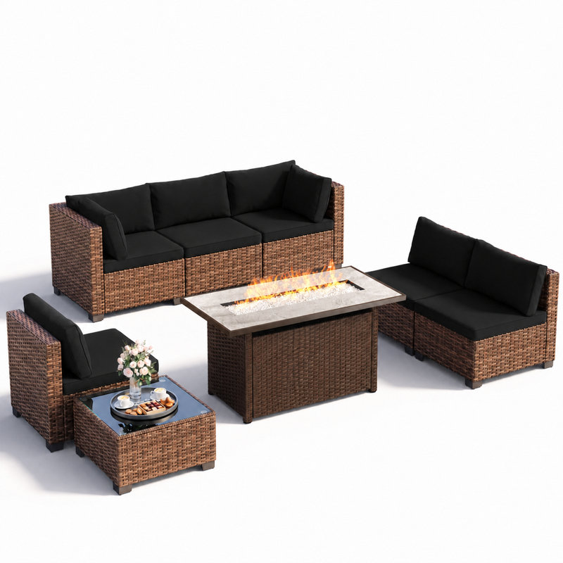 Ensemble de conversation de patio en osier avec coussins, Yes, 5Pcs:2Tables, 3-Seater Sofa, 2 Seater-Sofa, Chair, Black