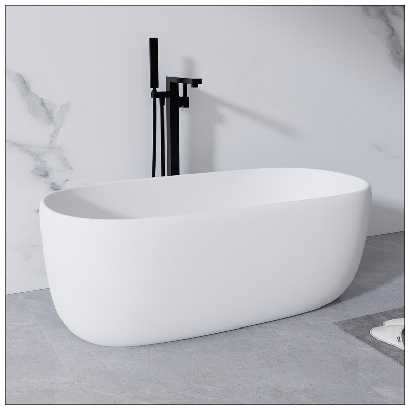 51'' Freestanding Bathtub Resin Stone Soaking Bathtub Solid Surface Modern Tubs With Overflow And Pop-Up Drain In White