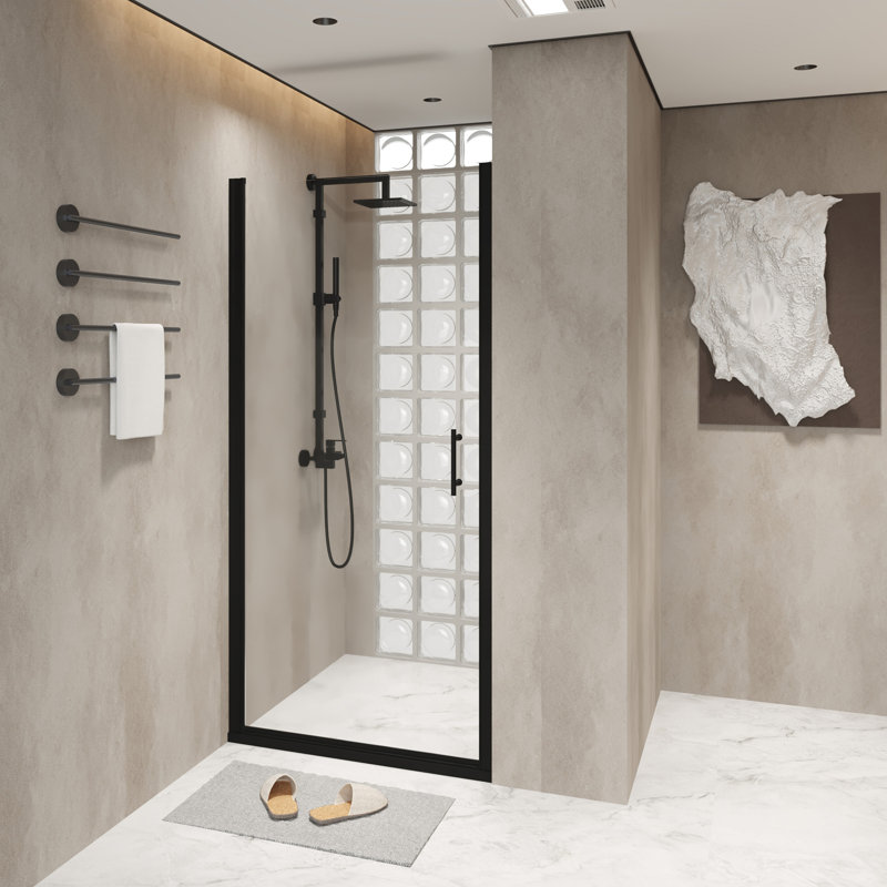 34"X 72" Pivot Shower Door Aluminum Frame, Half Frame ,1/4"(6Mm) Tempered Glass Explosion Proof Film