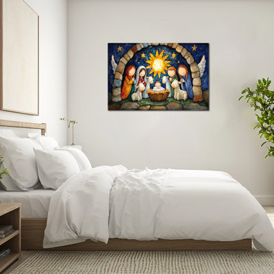 Large Nativity Scene Canvas Wall Art, Birth of Jesus Poster Print, Mary Joseph Angels Lambs Painting, Canvas Picture for Living Room, Bedroom, Church Decor, 24×32 Inches