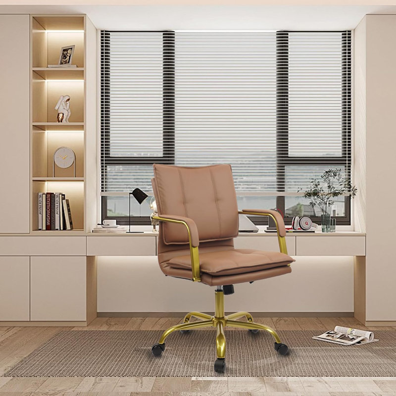  Leather Home Office Desk Chairs, Swivel Mid-Back Computer Chair with Golden Legs and Arms, Comfy Upholstered Task Chair with Wheels, Brown