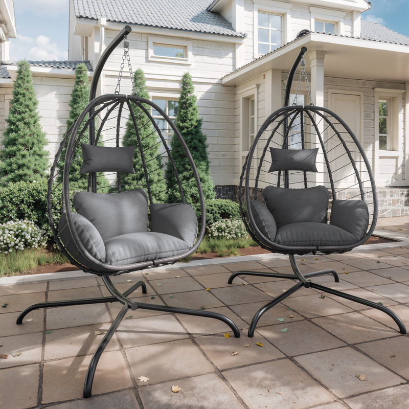 Fauteuil suspendu Kyus avec support, balançoire en osier de rotin PE, coussins imperméables (ensemble de 2), Gris