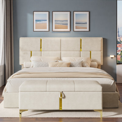 2-piece Perrone Included 1 Upholstered Platform Bed With Hydraulic Storage System, 1 Storage Ottoman With Metal Legs
