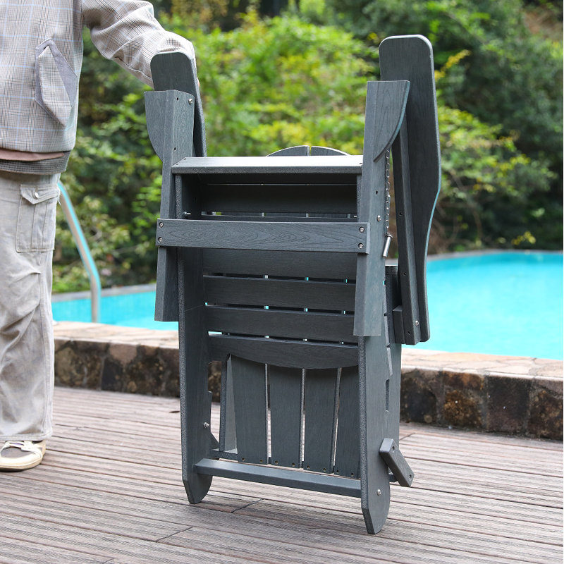 Adirondack Folding Chair With Dual Cup Holders - Hdpe All-weather Outdoor Chairs, Wood-like Patio Chair, Gray