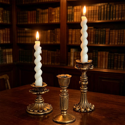 Vintage Distressed Carved Resin Candle Holders Set Of 3, Antique Gold Tabletop Decor For Multi-Scene Use