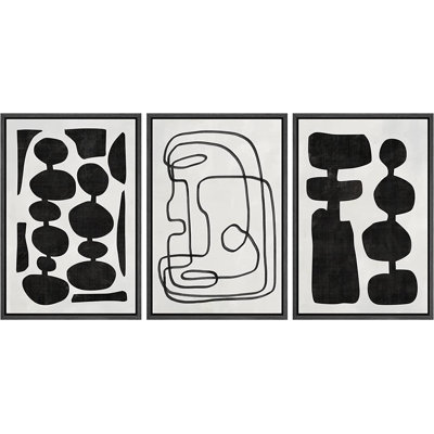" Retro Mid-Century Boho Duotone Collage Abstract Shapes Illustrations " 3 - Pieces Painting Print