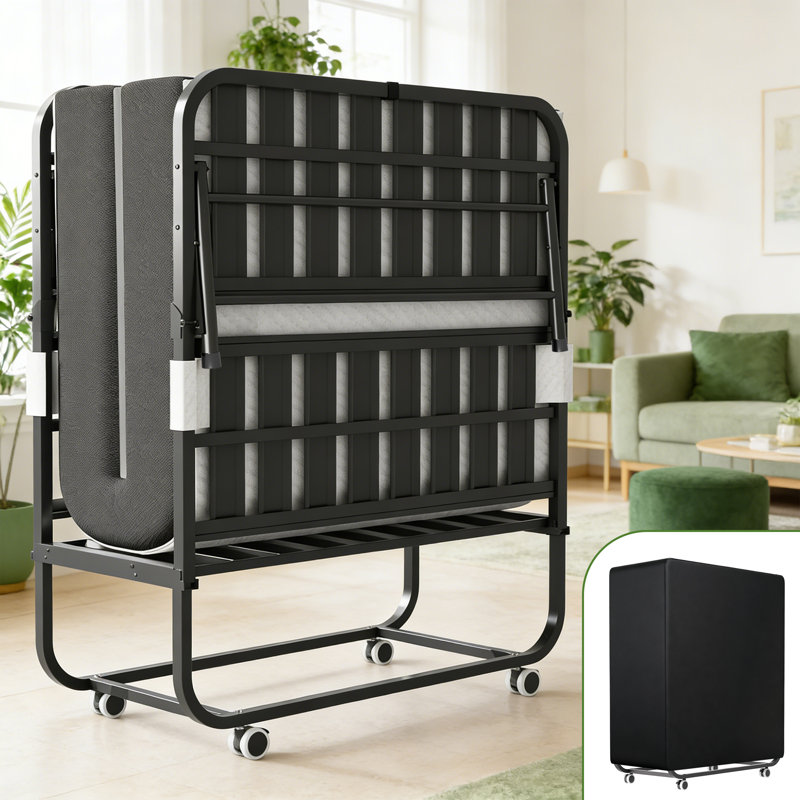 Extra Long Folding Bed for Tall People, Heavy Duty Rollaway Bed with 5" Memory Foam Mattress, Portable Guest Bed on Wheels, Space Saving Twin Size Foldable Bed