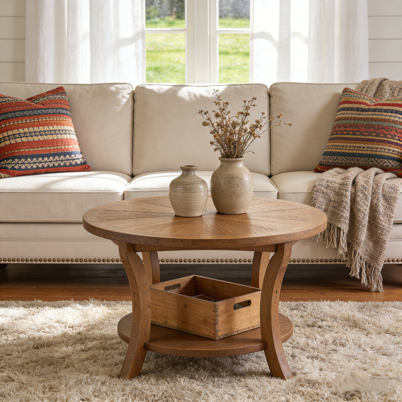 Table basse 31,5 po en bois massif avec tablette de rangement inférieure