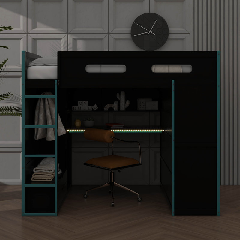 Lit mezzanine double en bois avec bureau, garde-robe, beaucoup de rangement et éclairage DEL, Bleu nuage