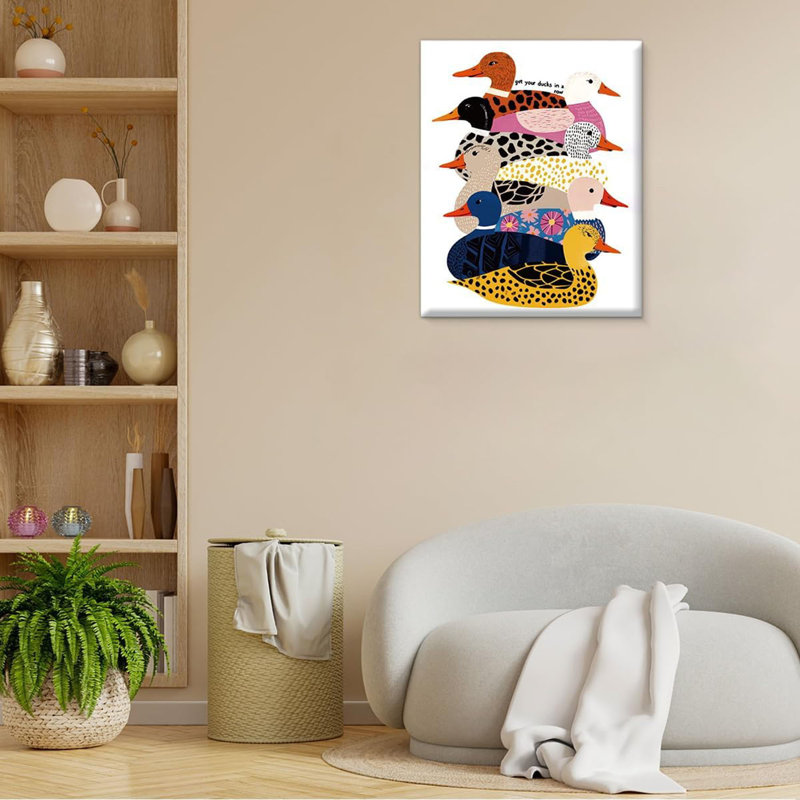 Impression d'art mural coloré canards colorés, canard rigolo dans une rangée d'animaux