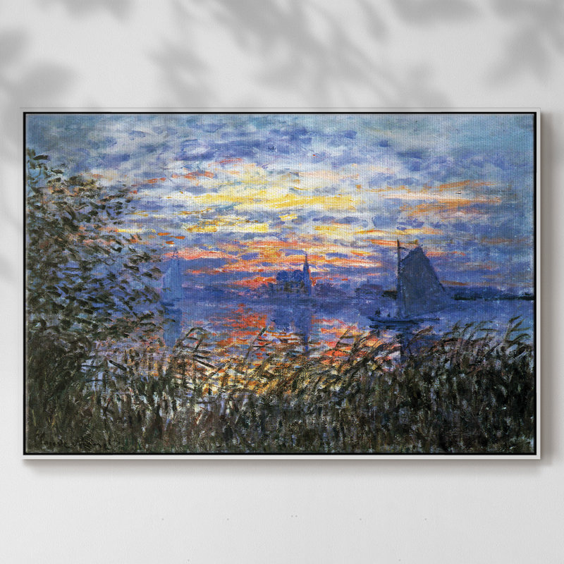 " Sunset On The Seine " by Claude Monet, White Floater Framed Canvas, 27" H x 41" W x 2" D