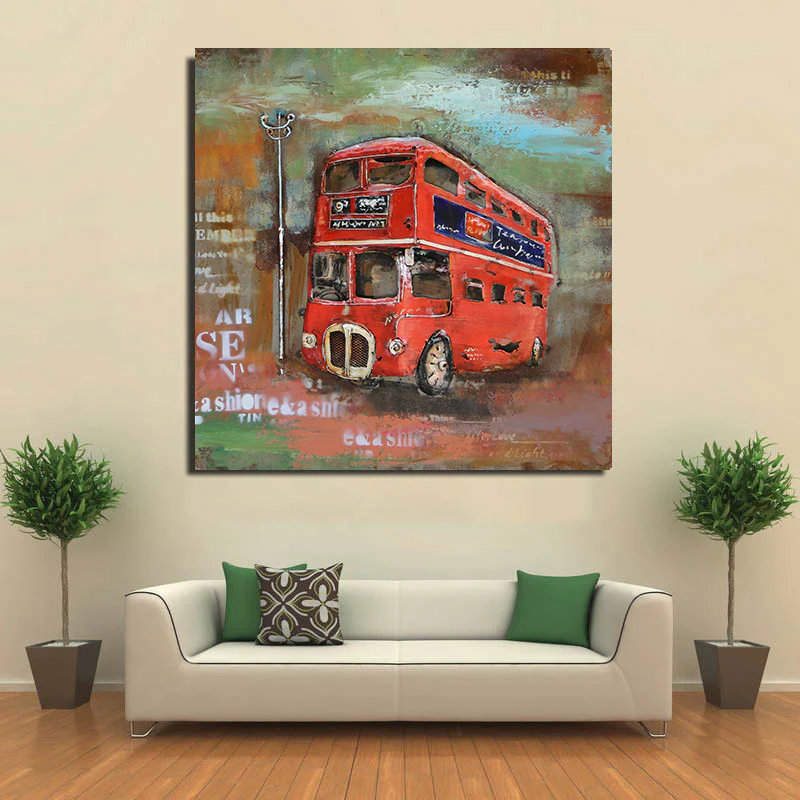 Peinture 3D en métal 32 x 32 pouces bus pour décor de décoration d'hôtel / maison / bureau