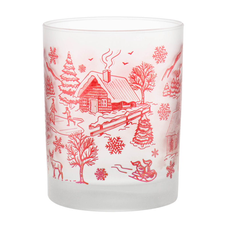 Culver Frosted Glass Set with Red Winter Village Design, 14oz, Set of 4