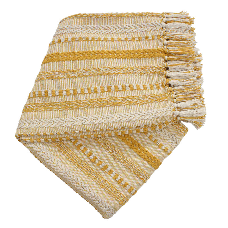 Farm Mustard Cotton Throw Blanket with Tassels, 50x60 Inches