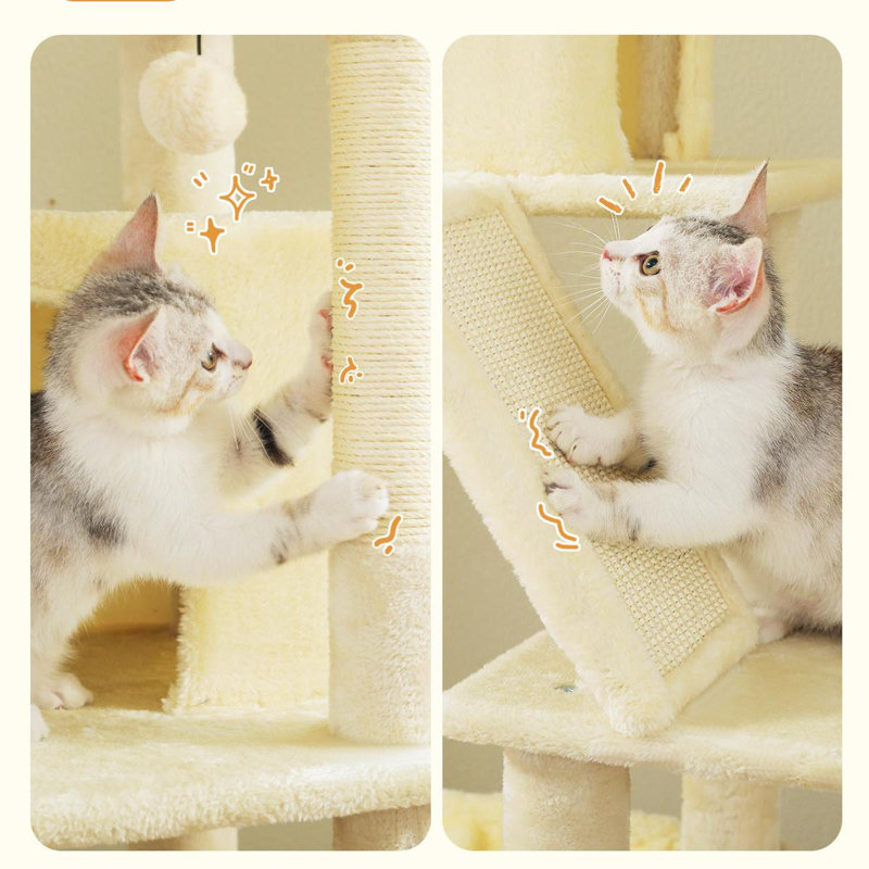 Arbre à chat de 71 pouces avec 4 poteaux à griffer en sisal, très grand hamac et 2 appartements spacieux, Beige