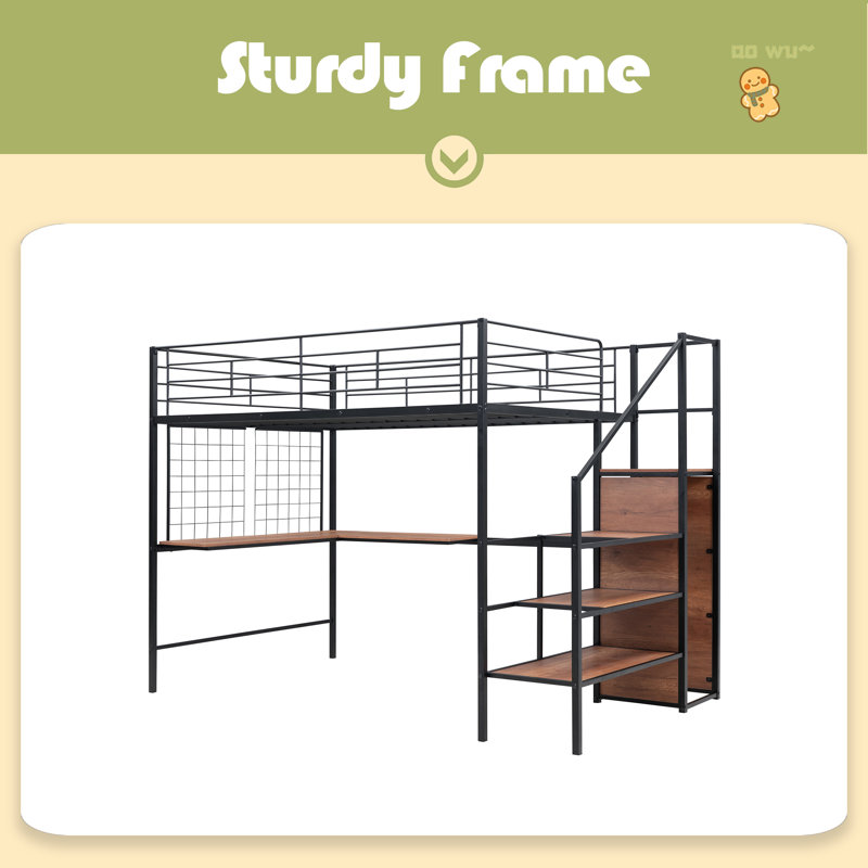 Lit mezzanine double en métal avec bureau et grille en métal, Noir