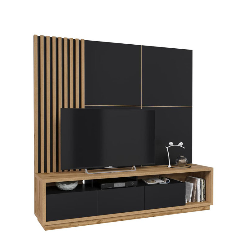Sharusan Unfinished Entertainment Center for TVs up to 75", Oak/Black