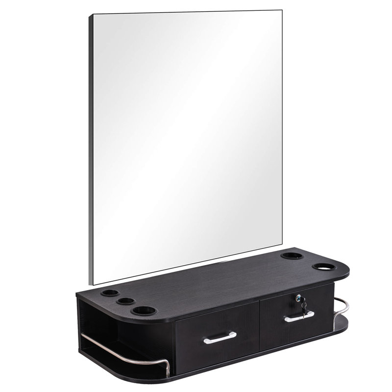 Locking Wall Mount Barber Salon Station with Mirror, Black