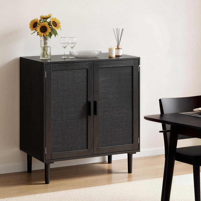 Rattan Cabinet, Rattan Storage Cabinet with 2 Magnetic Doors and Adjustable Shelves, Accent Sideboard Buffet with Wooden Legs & Power Cord Hole for Hallway, Entryway, Living Room, Kitchen, Black