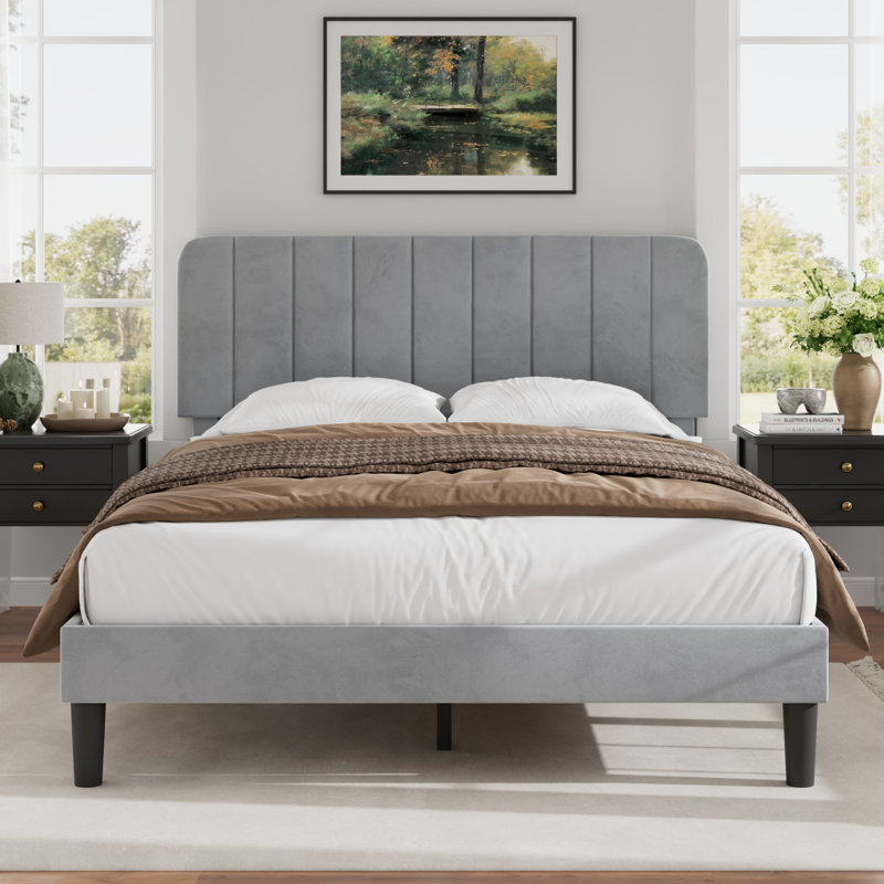 Upgraded Velvet Upholstered Platform Bed with Adjustable Headboard, Reinforced & Quiet Design, No Box Spring Needed, Sturdy Wood Slat Support, Easy Assembly