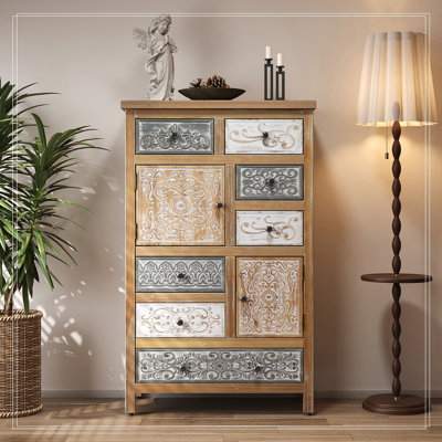 Accent Cabinet With 6 Drawers & 2 Doors, Rustic Multicolor Carved Storage Chest