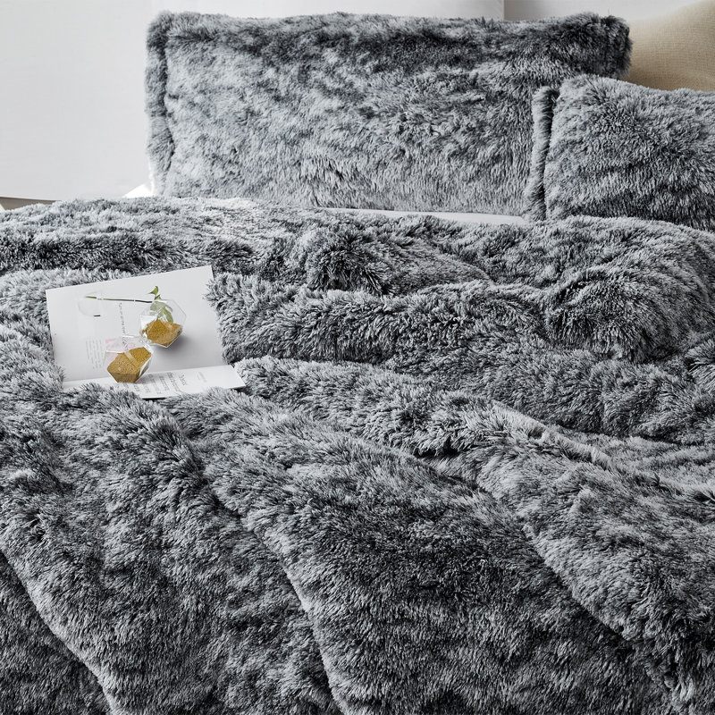 Coma Inducer Fluffy Plush Oversized Comforter Set, Peppered Black, Queen Comforter + 2 Shams