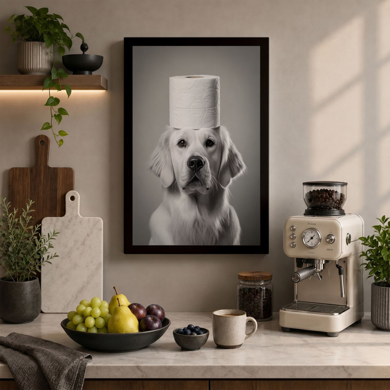 Toilet Paper Dog Modern - Wrapped Canvas, 30x20 - 76.2 x 50.8 cm, Taupe Border