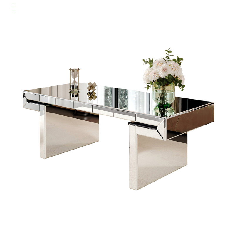 47 Inches Luxury Rectangular Mirror Coffee Table with Fluted Tempe Glass, Modern Sofa Side Table, Easy 2-Step Assembly, Light Luxury Style, Reinforced Packaging