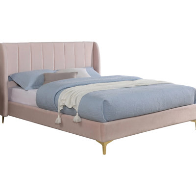 Pink Queen Bed With Contemporary Wingback Headboard, Velvet - Like Upholstery, Gold Metal Legs And Channel Tufting, Foundation Needed Size Frame In Design, Fabric, Requirement