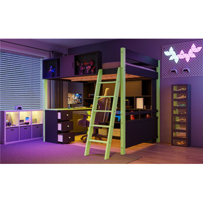 Full Size Wood Loft Bed with Desk, Ample Storage Space and Light, Green