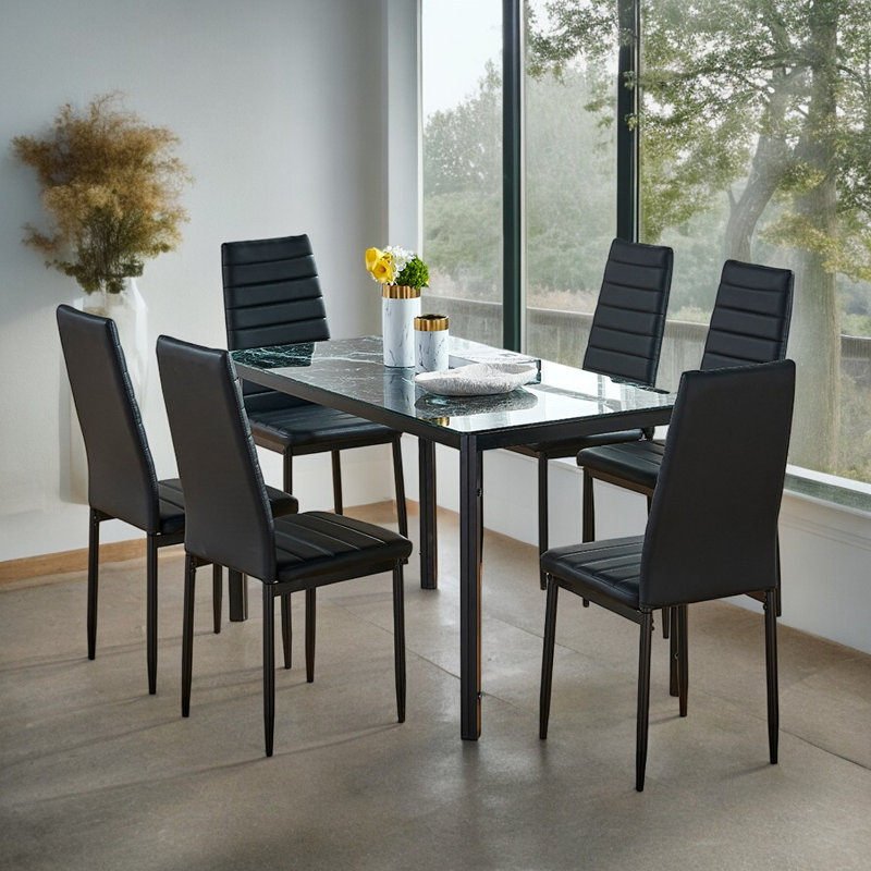 Rosenzweig 6 - Person Glass Top Four Leg Dining Set, Marble