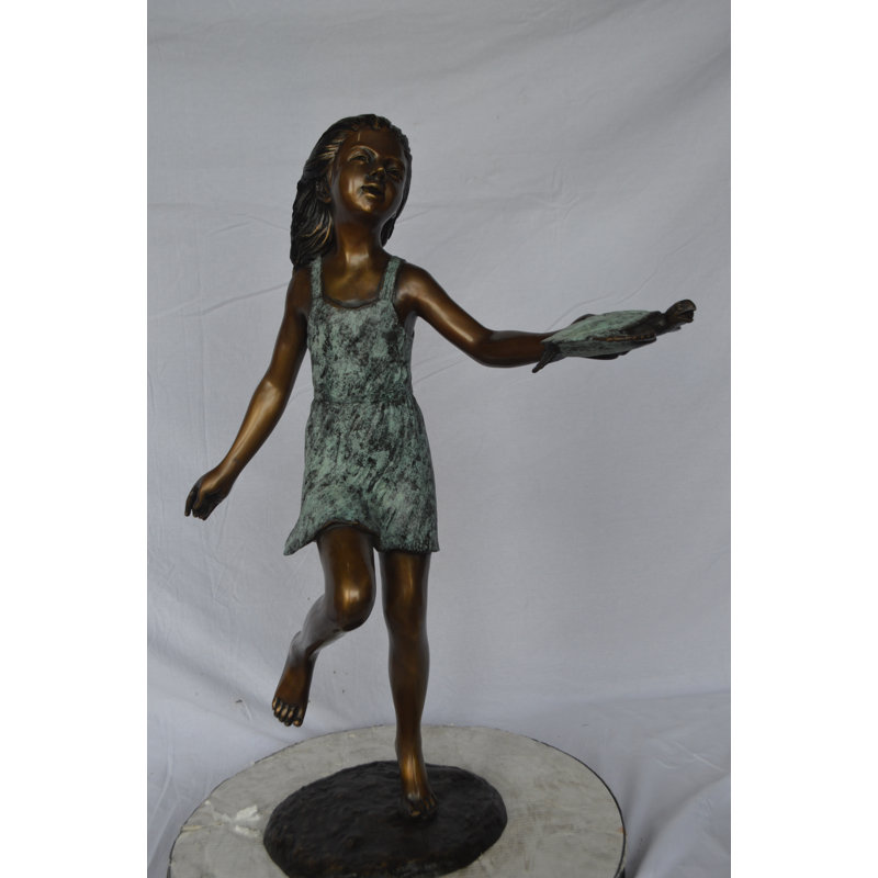 Copper and Metal Girl Holding Turtle Fountain