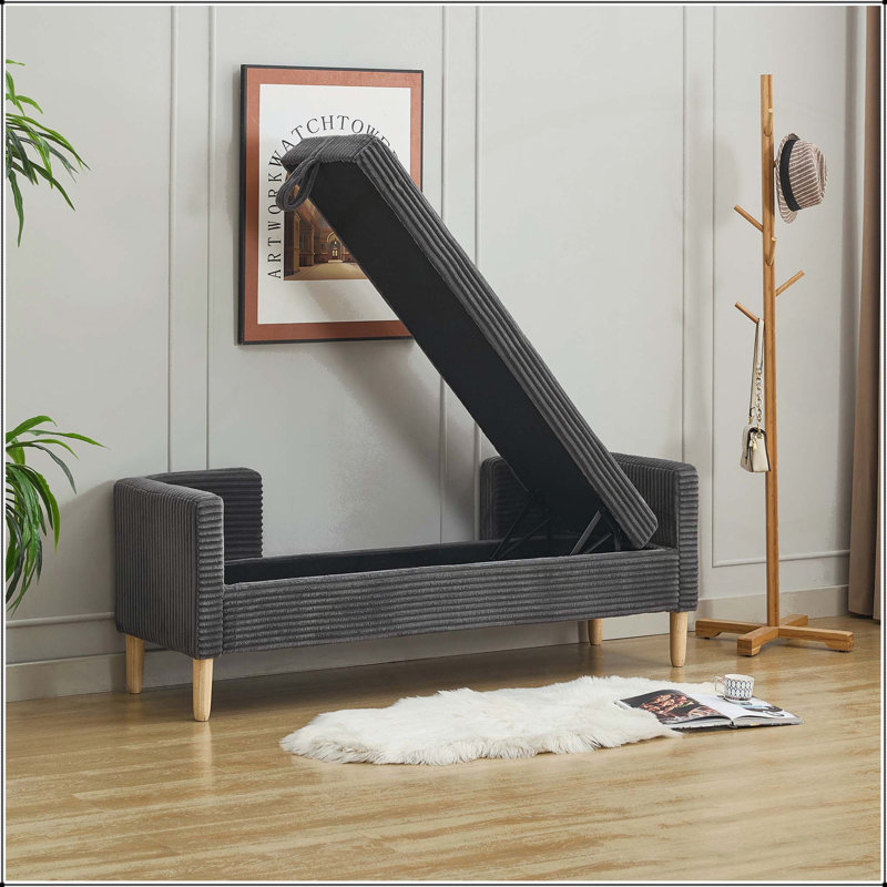 Banc de rangement en velours côtelé 65,35 po avec accoudoirs et traversins, Gris anthracite