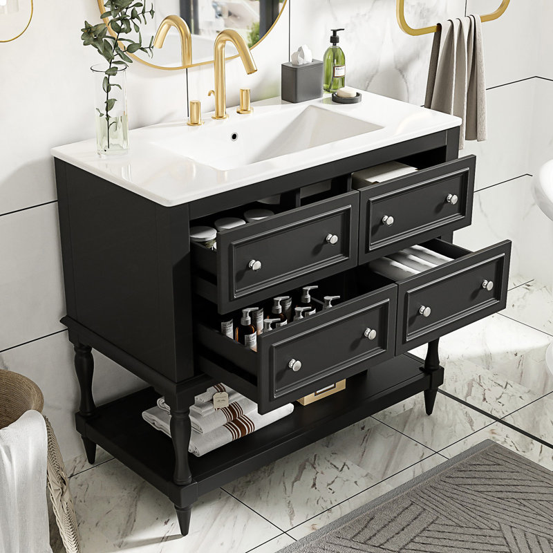 Ensemble de meuble-lavabo avec lavabo encastré, lavabo en céramique encastré, ensemble de meuble-lavabo autoportant avec 4 tiroirs