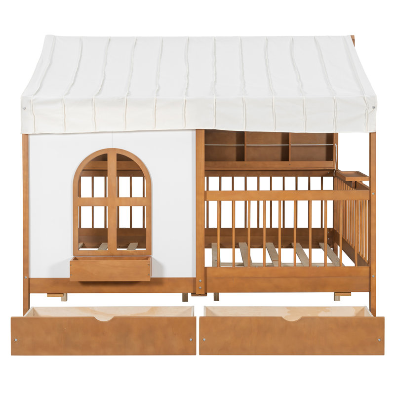 Full Size Kids House Bed with 2 Large Storage Drawers, Side Bookshelf & LED Lights, Walnut, Walnut