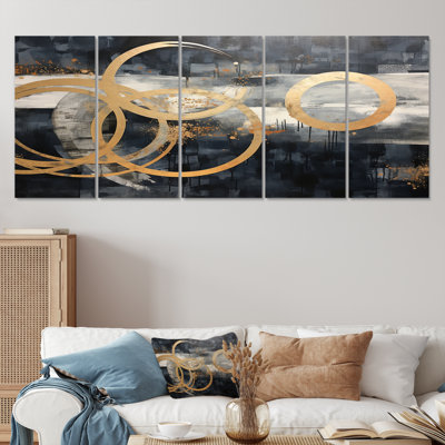Anneaux dorés dans la nuit - art mural géométrique 5 pièces