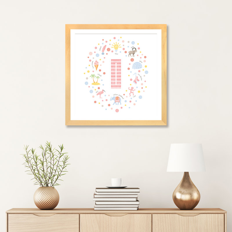 Lettre illustrée I rose - impression, H 24 po x l 24 po x p 1 po, Papier avec cadre beige, Blanc