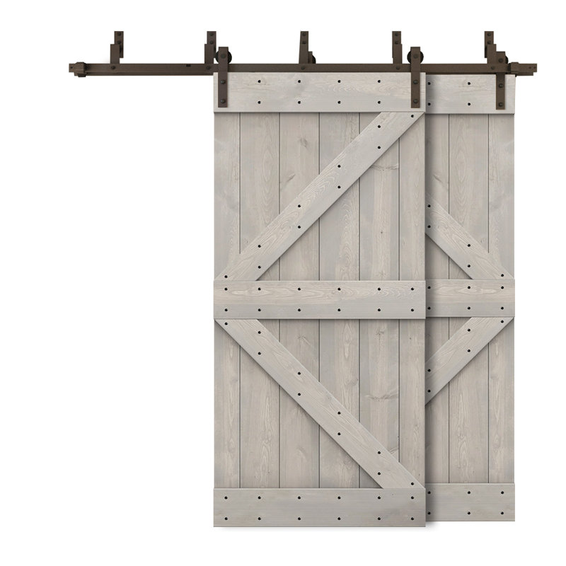 Porte de grange double à panneaux en bois teinté K Series, H 84 po x l 52 po, Gris argenté