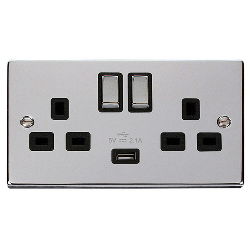 Polished Chrome 2 Gang 13A DP Ingot 1 USB Twin Double Switched Plug Socket