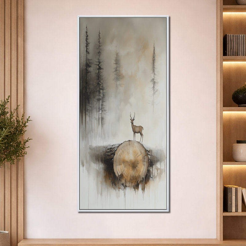 Cerf des bois brumeux - Tableau encadré représentant un cerf, H 60 po x l 28 po, Cadre flottant blanc