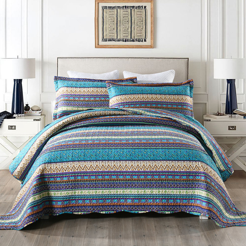  Ensemble de courtepointe réversible en microfibre bleue 3 pièces, Courtepointe grand + 2 couvre-oreillers standard
