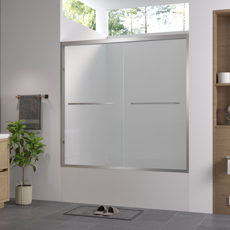 Enceinte de salle de bain double coulissante de 58 po de hauteur avec quincaillerie et verre trempé de 1/4 po de 6 mm de style américain, structure de baignoire stable et imperméable au fini, largeur réglable, poignée en acier inoxydable